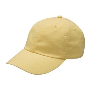 May include: A solid yellow baseball cap with a curved brim. The cap is made of a soft fabric and features a button on top. The hat is a classic style, suitable for casual wear and outdoor activities.