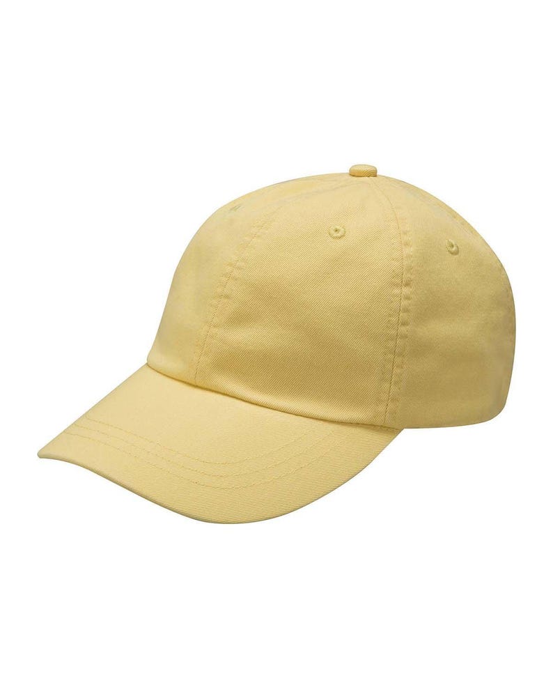 May include: A solid yellow baseball cap with a curved brim. The cap is made of a soft fabric and features a button on top. The hat is a classic style, suitable for casual wear and outdoor activities.
