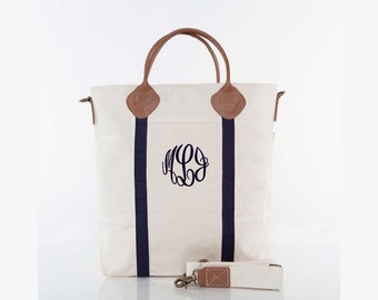 Monogrammed Top Handle Flight Bag, Canvas Tote bag with leather handles and Embroidered Monogram, Great Personalized Travel Bag