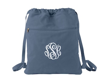 Monogrammed Cinch Bag,  Personalized Canvas Drawstring Bag in 7 colors
