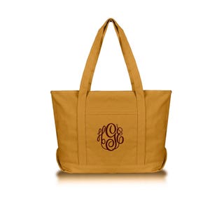 Butterscotch gold colored canvas Tote Bag, Zipper Top Monogrammed with embroidery in a dark brown thread color