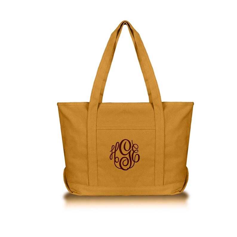 Butterscotch gold colored canvas Tote Bag, Zipper Top Monogrammed with embroidery in a dark brown thread color