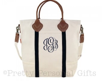 Top Handle Flight Bag with embroidered monogram, Personalized Crossbody Tote bag with leather handles and embroidered monogram