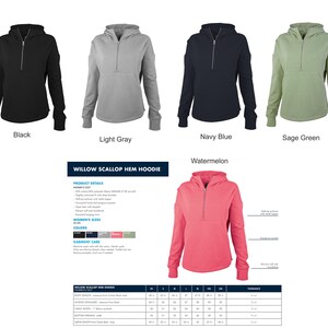 May include: A collection of women's Willow Scallop Hem Hoodies in various colors: black, light gray, navy blue, sage green, and watermelon. Each hoodie features a half-zip closure, a hood, and a kangaroo pocket. The image also includes product details.