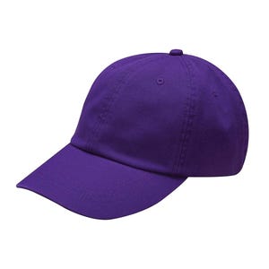 May include: A solid purple baseball cap with a curved brim. The cap has a six-panel design with a button on top. The fabric appears to be a durable cotton or cotton blend. This hat is a classic accessory.