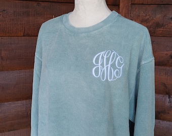 Embroidered Monogram Corded Sweatshirt: Personalized Oversized Ribbed Cotton Crew Neck Pullover