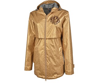 Leopard Print Charles River Rain Jacket With Monogram Leopard