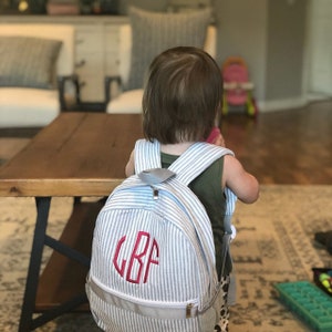 monogrammed gray seersucker backpack