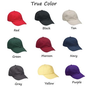 May include: A collection of nine baseball caps in various colors, including red, black, tan, green, maroon, navy, gray, yellow, and purple. The text "True Color" is at the top of the image, with each cap labeled with its color.