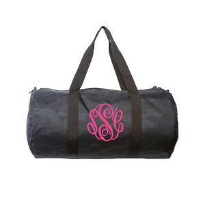 black camo duffel bag with embroidered monogram, nylon gym bag
