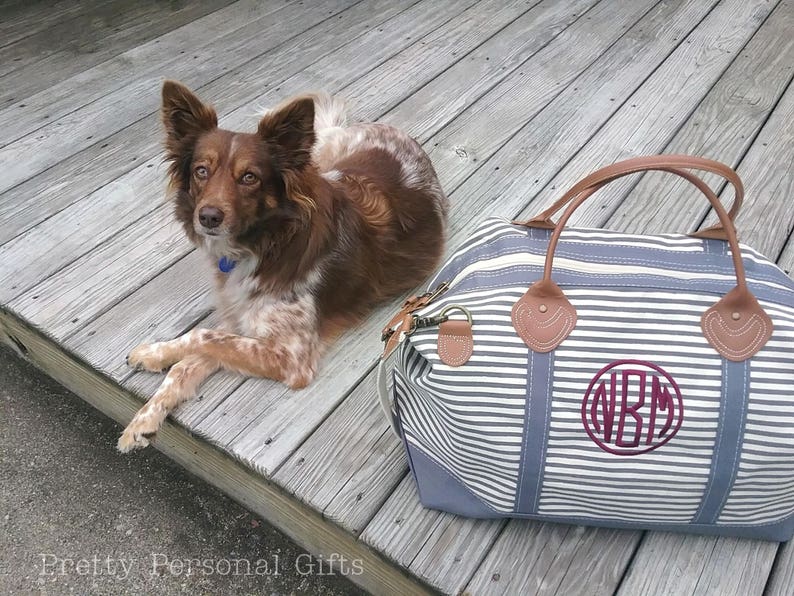 Gray Stripe Weekender Bag With Monogram