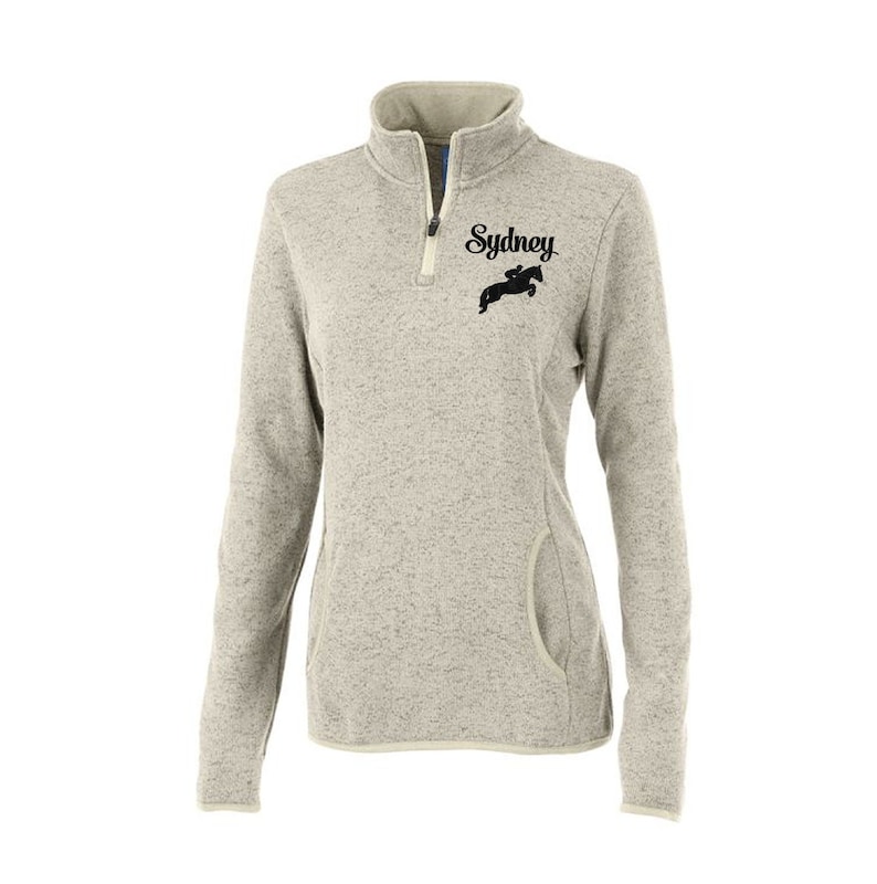 Embroidered Horse Quarter Zip Pullover: Ladies Equestrian Sweater Apparel Oatmeal Heather