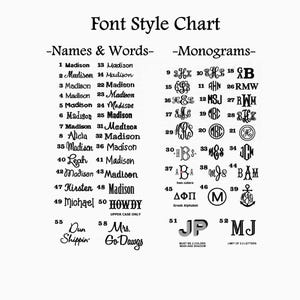May include: A black and white font style chart displaying various typography options for names, words, and monograms. The chart includes numbered lists of text samples, including names like Madison, Alicia, Leah, Kirsten, and Michael, alongside diverse monogram designs.