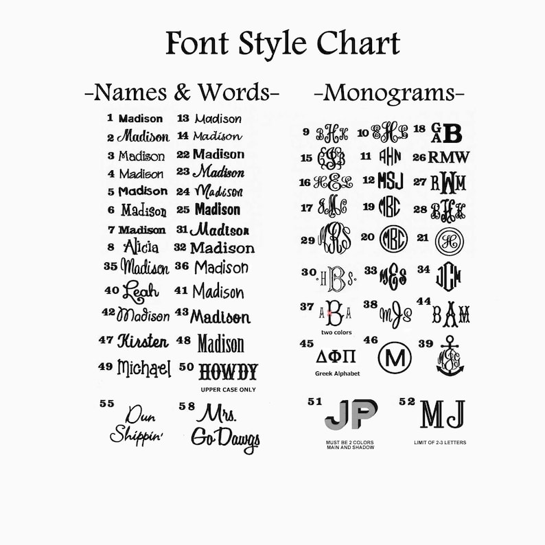 May include: A black and white font style chart displaying various typography options for names, words, and monograms. The chart includes numbered lists of text samples, including names like Madison, Alicia, Leah, Kirsten, and Michael, alongside diverse monogram designs.