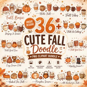 Peut inclure: Une collection numérique de plus de 36 illustrations de gribouillages sur le thème de l'automne, représentant des tasses à café, des citrouilles, des livres et des friandises anthropomorphes. Le graphique inclut des textes comme Cute Fall Doodle.