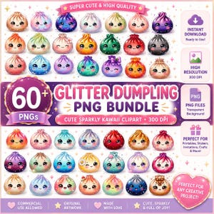 Op de afbeelding: Een digitale collectie van meer dan 60 glitter knoedel PNG-bestanden met diverse kleuren, sprankelende texturen en kawaii gezichten. De bundel bevat tekstlabels zoals 60+ PNGs, Glitter Dumpling PNG Bundle en Instant Download.