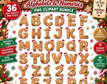 Gingerbread Christmas Alphabet PNG | A-Z Letters & 0-9 Numbers | Holiday Clipart Bundle (Digital Download)