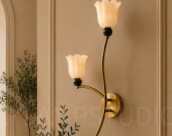 Modern Brass Double Arm Alabaster Wall Sconce, Naturally Stone Light - Mid Century Modern Lamp, Italian Lighting Brass Fixing