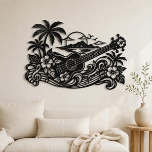 May include: A black metal wall art piece featuring a ukulele integrated with tropical elements including palm trees, hibiscus flowers, musical notes, and a sunset over mountains. The design incorporates swirling wave patterns and flying birds.