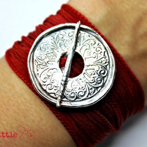 Mandala Jewelry  Happy  Handcrafted Pure Silver Mandala Silk Wrap Toggle Bracelet  Yoga Jewelry