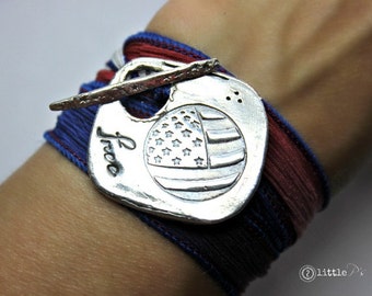 READY TO SHIP Patriot Bracelet, America, American Flag Jewelry, Freedom Bracelet, Silk Wrap Bracelet, Stars and Stripes