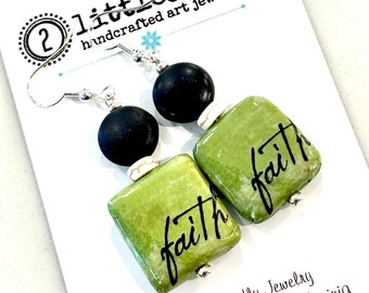 Christian Earrings Christian Jewelry Faith Gift Gift for Her Handcrafted Boho Black and Green Faith Beaded Earrings