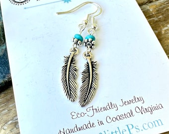 Feather Earrings Art Jewelry Handcrafted Boho Feather with Turquoise accent Bead Gift for Her