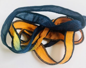 Silk Wrap Ribbon, Silk Ribbon Wrap ~ Navy and Light Orange Silk Wrap Ribbon - One Ribbon