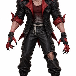 May include: A character figure wearing a black cap, a black jacket with red lapels, a dark red shirt, and black cargo pants with a rope belt. The figure has red clawed hands, black gloves, and black boots, with a torn left knee on the pants.