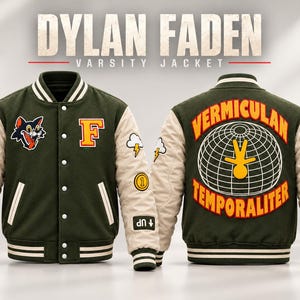 Inspired By Dylan Resonant Varsity Jacket | Olive Green Letterman with Patches | Control Cosplay Costume | Gamer Outfit | Video Gamer Gift