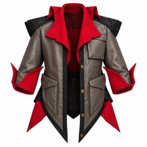 May include: A structured jacket featuring a grey body with contrasting red lapels, cuffs, and hem accents. The garment includes black shoulder panels, a front button closure, and two large flap pockets on the front, with a smaller chest pocket.