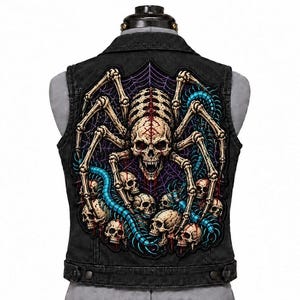 Könnte beinhalten: Eine schwarze Jeansweste mit einem großen Rückenaufnäher, der eine skelettartige Spinne mit Totenkopf zeigt, umgeben von einem violetten Spinnennetz, mehreren menschlichen Schädeln und blauen Tausendfüßlern auf dunklem Hintergrund.