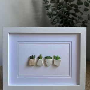 May include: A white rectangular frame containing a piece of wall art featuring four small potted plants. The plants are crafted from green sea glass pieces arranged as leaves, set into small, light-coloured ceramic or stone fragments as pots.