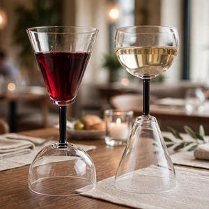 Peut inclure: Deux verres à vin inversés avec des tiges noires, l'un rempli de vin rouge et l'autre de vin blanc. Les verres sont posés sur une table en bois, le calice de chaque verre reposant sur la base de l'autre, créant un effet empilé.