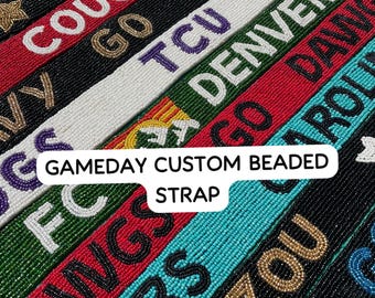 May include: A collection of custom beaded straps featuring various colors and text including COUGS, ARMY, TCU, DENVER, and DAWGS. Each strap is crafted with small, uniform beads arranged to display team names, logos, and paw print icons in patterns.