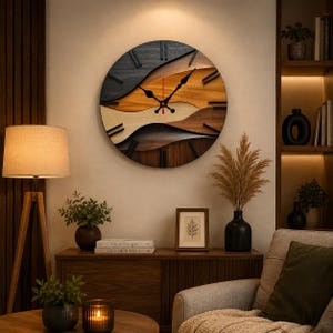 May include: A circular wall clock featuring layered, wavy wooden panels in shades of black, light tan, and dark brown. The clock face has black hour markers and black hands with a thin red second hand, creating a multi-dimensional appearance.