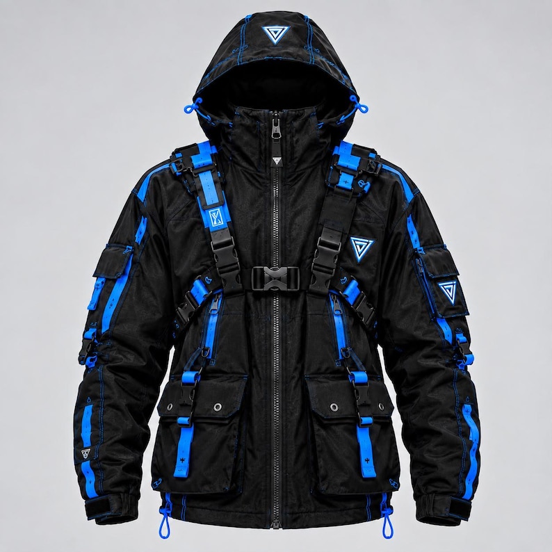 May include: A black hooded jacket featuring bright blue accents, multiple utility pockets, and adjustable straps with buckles. The garment includes a central front zipper, a chest buckle closure, and triangular logos on the hood, chest, and sleeves.
