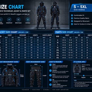 May include: A techwear jacket and pants set size chart featuring front and back views of the outfit, detailed measurement tables for jacket and pants in inches and centimeters, a measurement guide, and model fit information.
