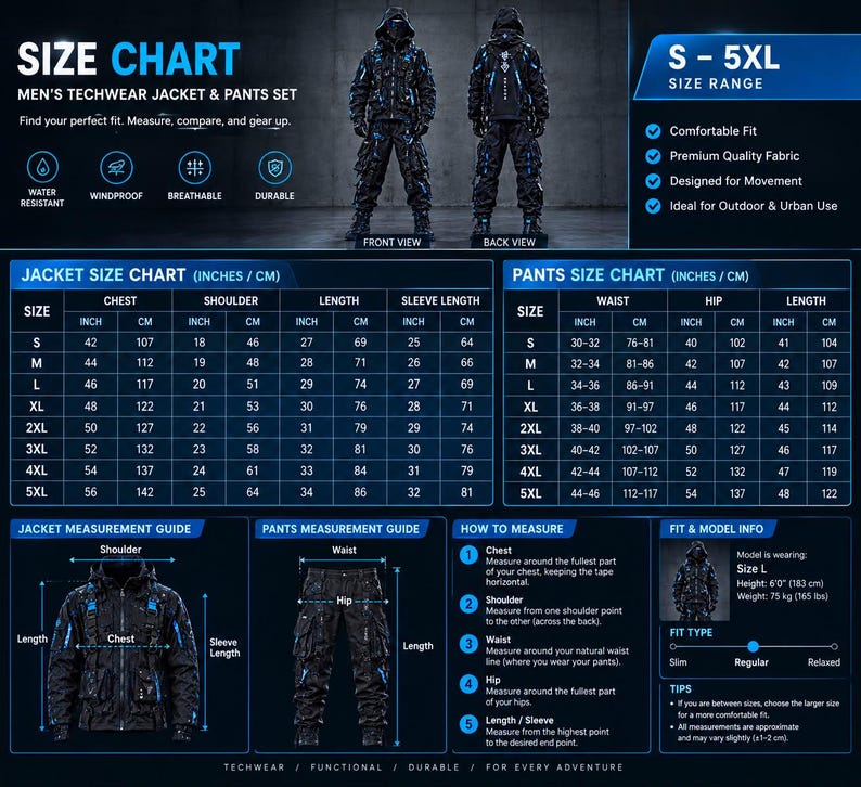 May include: A techwear jacket and pants set size chart featuring front and back views of the outfit, detailed measurement tables for jacket and pants in inches and centimeters, a measurement guide, and model fit information.