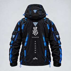 May include: A black hooded jacket featuring bright blue accents, multiple utility pockets, and adjustable straps. The back displays a white Japanese kanji character, the word SHADOW in vertical and horizontal text, and a small mountain graphic.