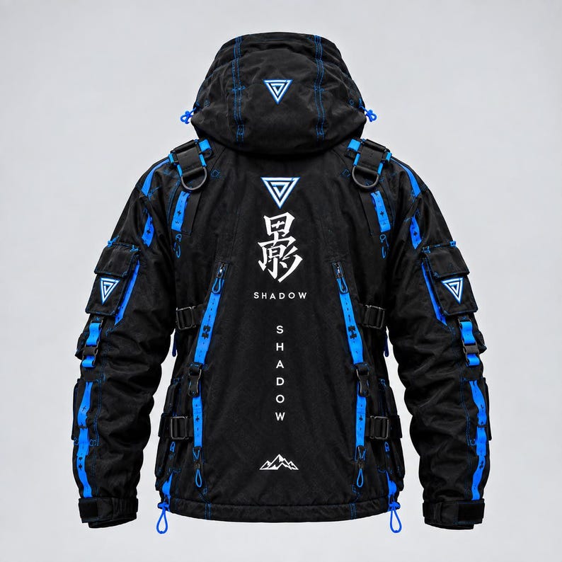 May include: A black hooded jacket featuring bright blue accents, multiple utility pockets, and adjustable straps. The back displays a white Japanese kanji character, the word SHADOW in vertical and horizontal text, and a small mountain graphic.