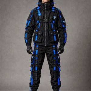 May include: A black tactical jacket and matching cargo pants set featuring bright blue straps, multiple utility pockets, and a front chest buckle. The garment includes a hood, black gloves, and black sneakers, with small triangular logos on the chest and sleeves.