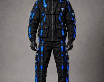 May include: A black tactical jacket and matching cargo pants set featuring bright blue straps, multiple utility pockets, and a front chest buckle. The garment includes a hood, black gloves, and black sneakers, with small triangular logos on the chest and sleeves.