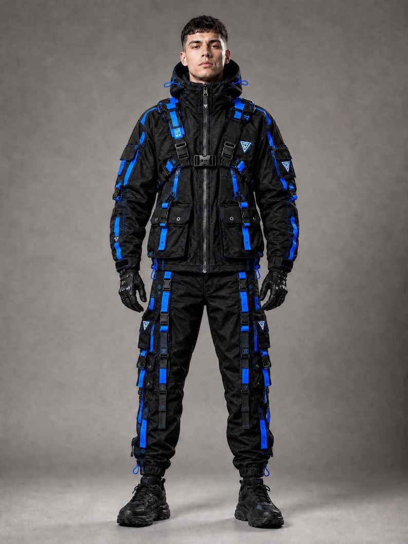 May include: A black tactical jacket and matching cargo pants set featuring bright blue straps, multiple utility pockets, and a front chest buckle. The garment includes a hood, black gloves, and black sneakers, with small triangular logos on the chest and sleeves.
