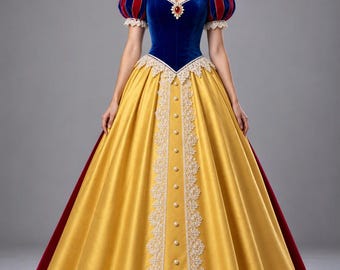 May include: A floor-length gown featuring a blue velvet bodice with a red jewel accent, puffed blue and red sleeves, and a full yellow skirt. The dress is adorned with white lace trim along the collar, sleeves, and center front panel.