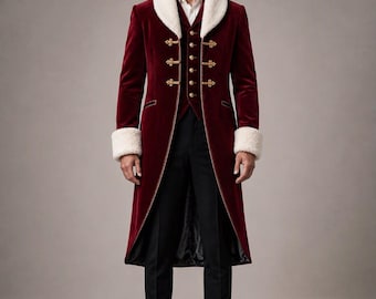May include: A deep red velvet long coat featuring a white faux fur shawl collar and cuffs, gold-toned decorative toggles, and a matching red velvet Santa hat with a white faux fur trim and a white pom-pom, worn over a white shirt and black trousers.