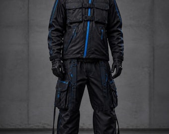 May include: A black hooded jacket with blue piping and front buckles, paired with matching black cargo pants featuring multiple pockets and blue accents, worn with black gloves and black boots with blue laces.