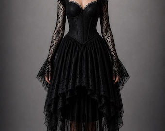 May include: A black dress featuring a structured corset bodice with a sweetheart neckline, long sheer lace sleeves with flared cuffs, and a high-low skirt layered with intricate lace and tulle fabric, finished with a ruffled shoulder detail.