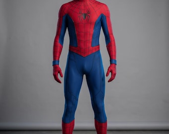 May include: A full-body Spiderman costume featuring a red and blue color scheme. The red sections on the chest, head, and lower legs have a black web pattern. A black spider emblem is centered on the chest. The suit includes a full-face mask.