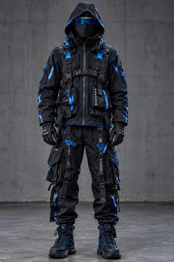 Neon Techwear Jacket + Pants Set, Futuristic Cyberpunk Cosplay Outfit